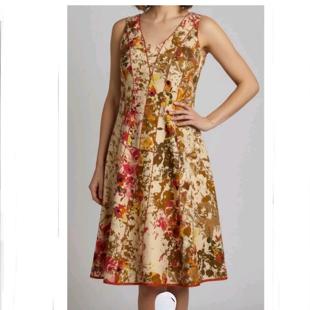 Sundance 100% Silk Floral V-Neck Sleeveless A-Line Dress Cream Floral‎ Size 12